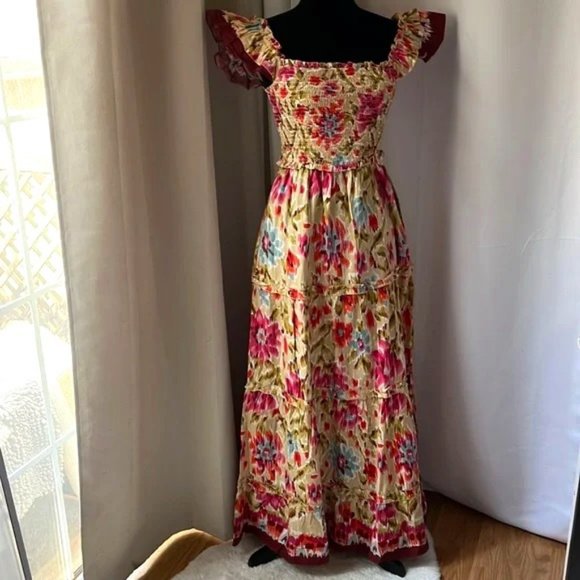 NWT HOUSE OF HARLOW 1960 Zoey Khaki Ruched Flutter Smocked Maxi Dress size M - Picture 2 of 6